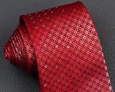 Lancetti Silk Neck Tie Red Checked With Silver Sparkles & Rhinestones 3 1/4 Inch