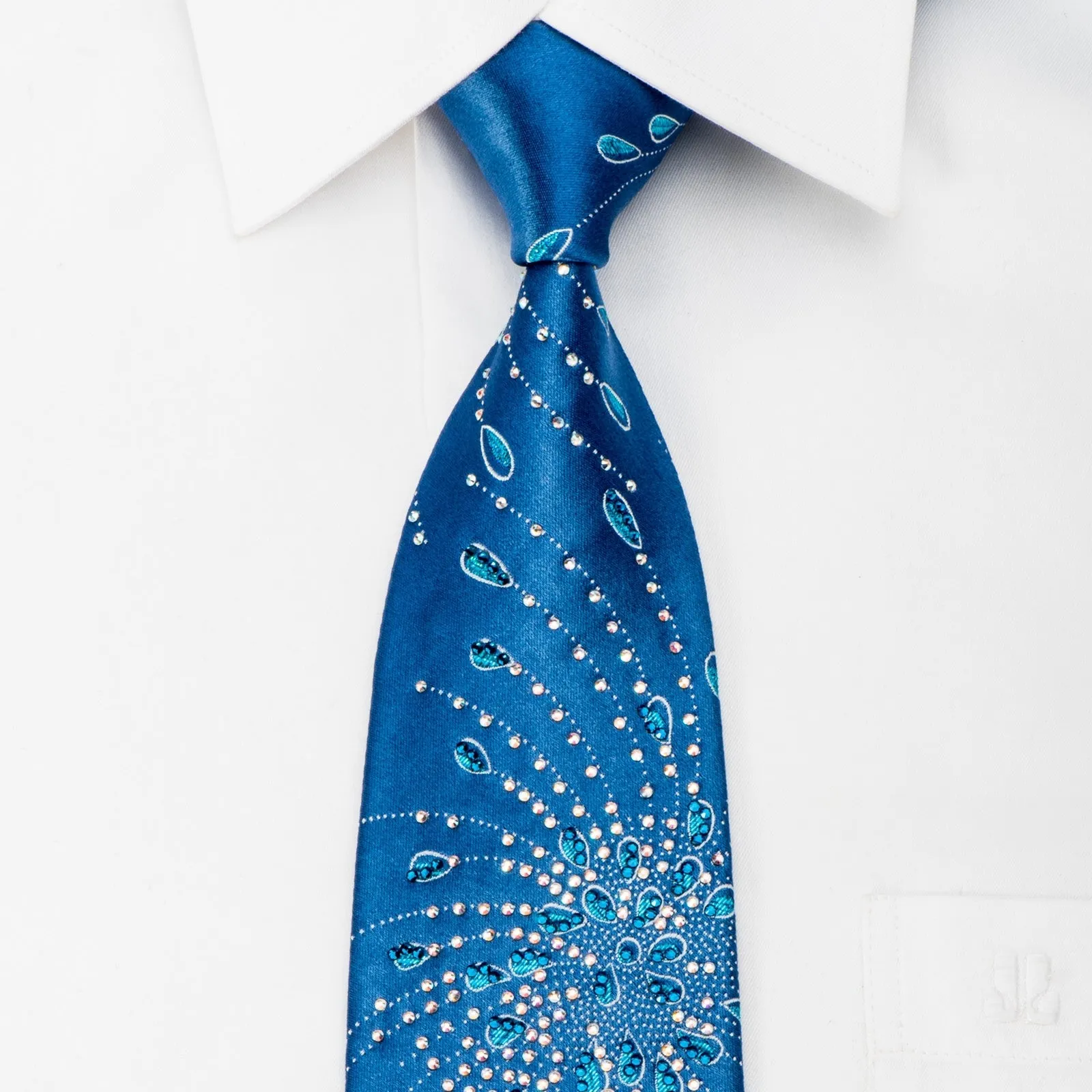 Leslie Vince Mens Rhinestone Tie Silver Spirals On Blue Silk