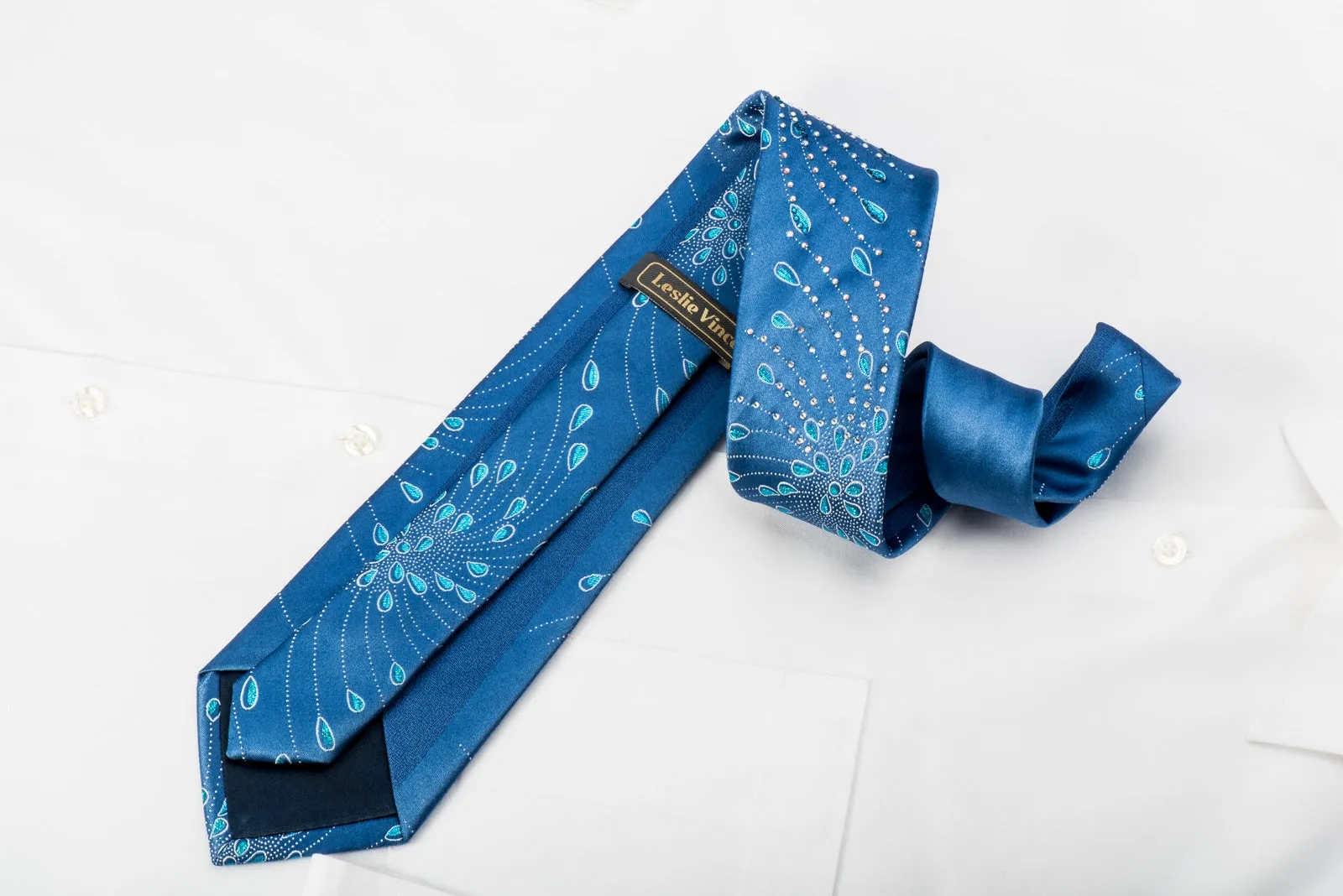 Leslie Vince Mens Rhinestone Tie Silver Spirals On Blue Silk