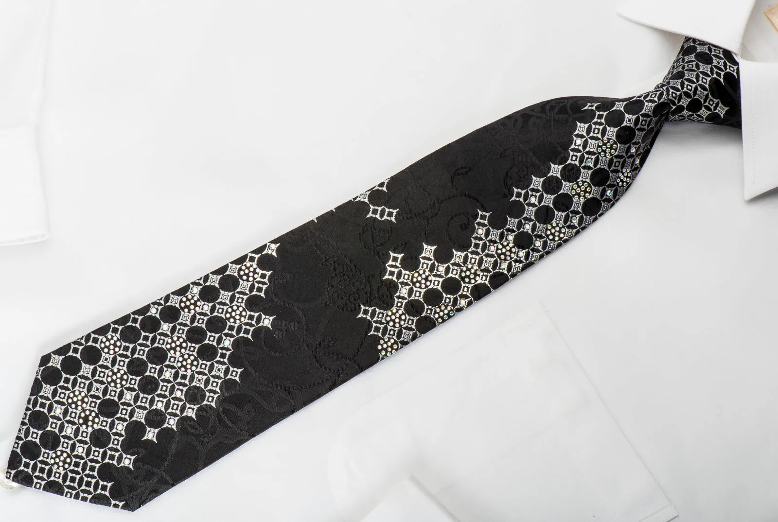 Ludovica Rhinestone Silk Necktie Silver Geometric On Black With Silver Sparkles