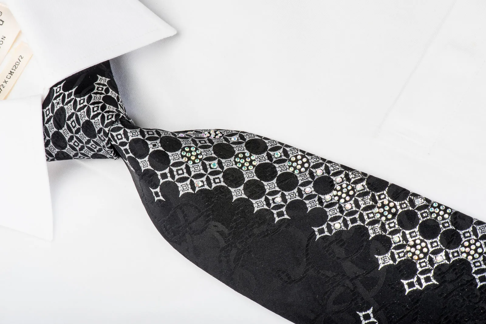 Ludovica Rhinestone Silk Necktie Silver Geometric On Black With Silver Sparkles