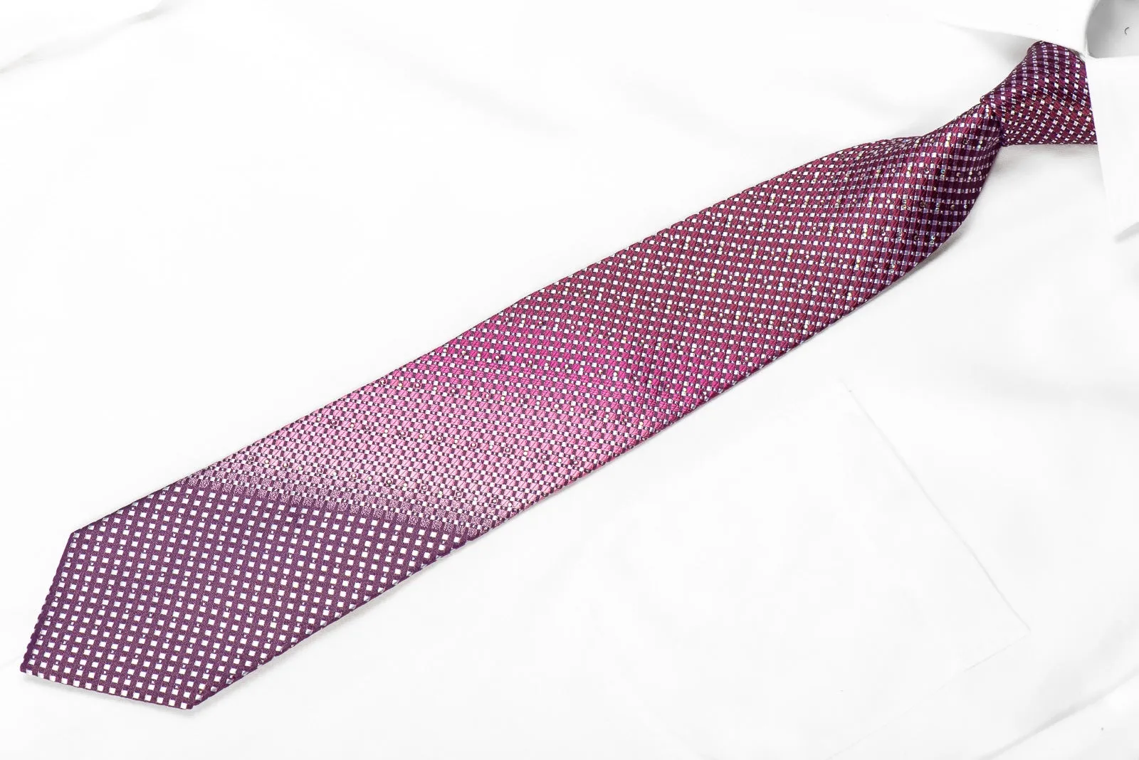 Maestro Men's Crystal Rhinestone Necktie Silver Purple Checkered With Silver Sparkles