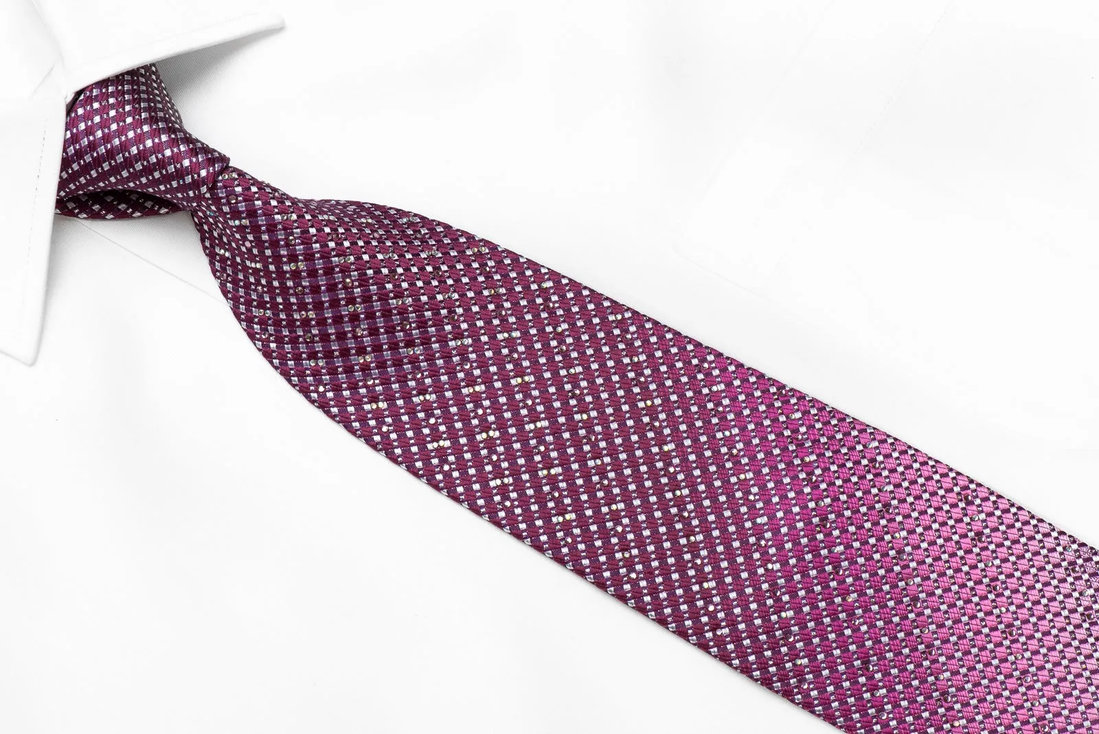 Maestro Men's Crystal Rhinestone Necktie Silver Purple Checkered With Silver Sparkles