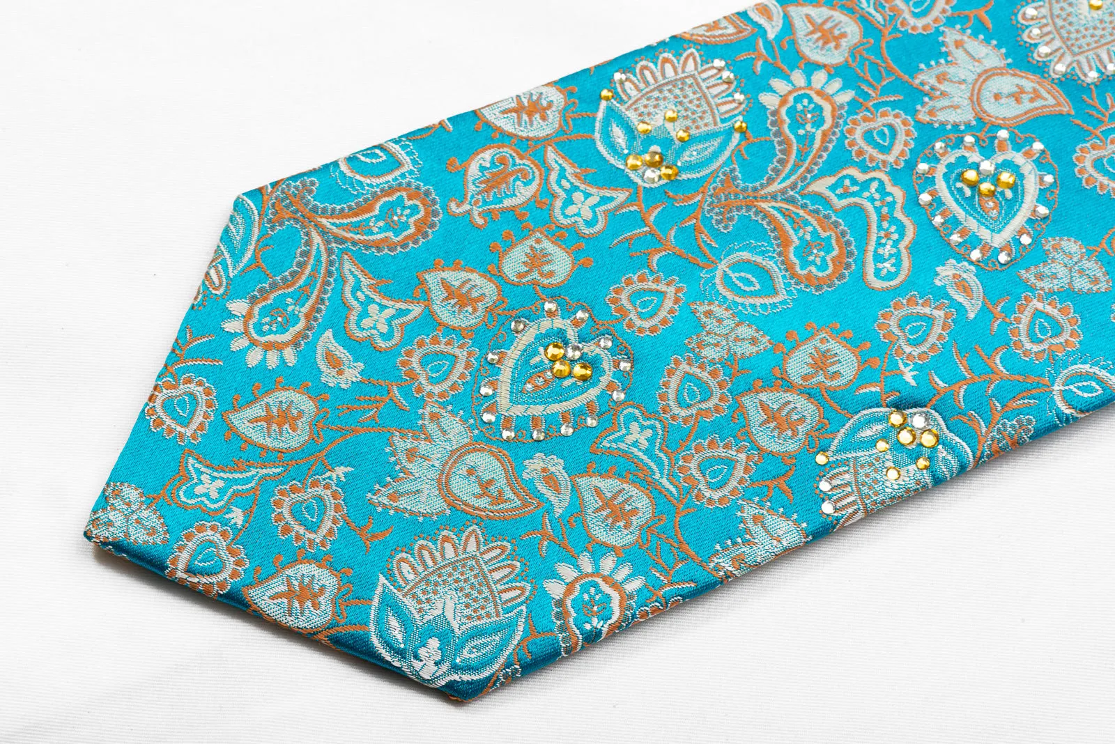 Maestro Men's Rhinestone Silk Necktie Anthemion Paisley On Blue With Sparkles