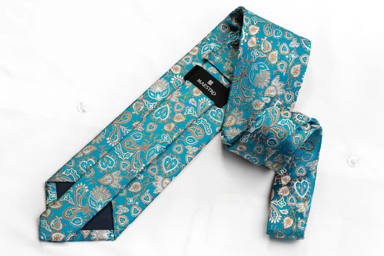 Maestro Men's Rhinestone Silk Necktie Anthemion Paisley On Blue With Sparkles