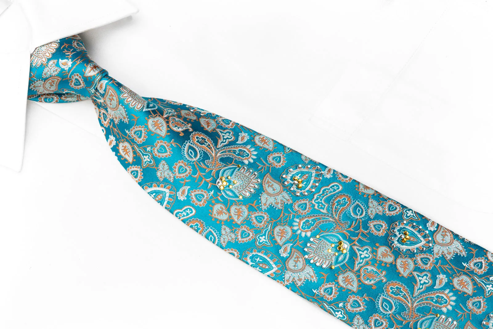 Maestro Men's Rhinestone Silk Necktie Anthemion Paisley On Blue With Sparkles