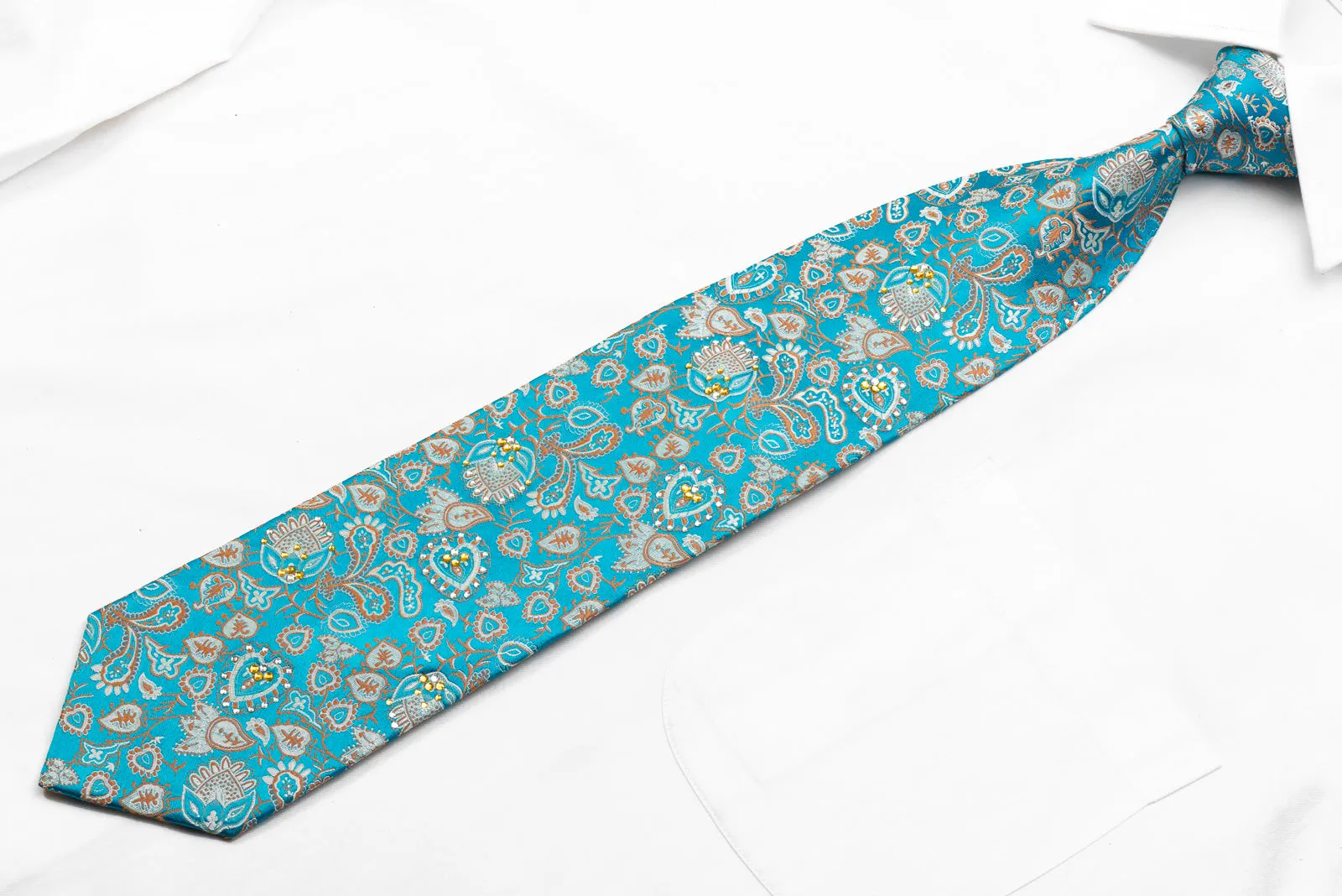 Maestro Men's Rhinestone Silk Necktie Anthemion Paisley On Blue With Sparkles