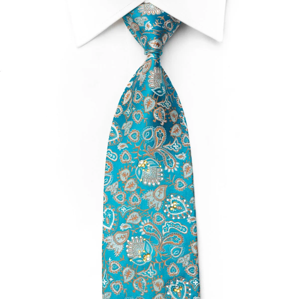 Maestro Men's Rhinestone Silk Necktie Anthemion Paisley On Blue With Sparkles