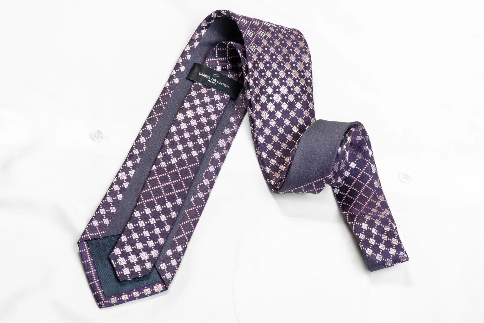 Mauve Pink Geometric On Navy Rhinestone Silk Necktie With Silver Sparkles