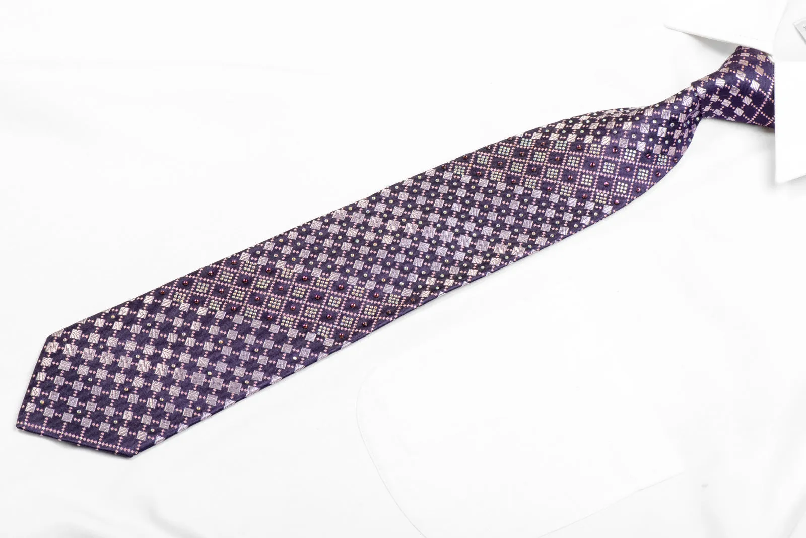 Mauve Pink Geometric On Navy Rhinestone Silk Necktie With Silver Sparkles