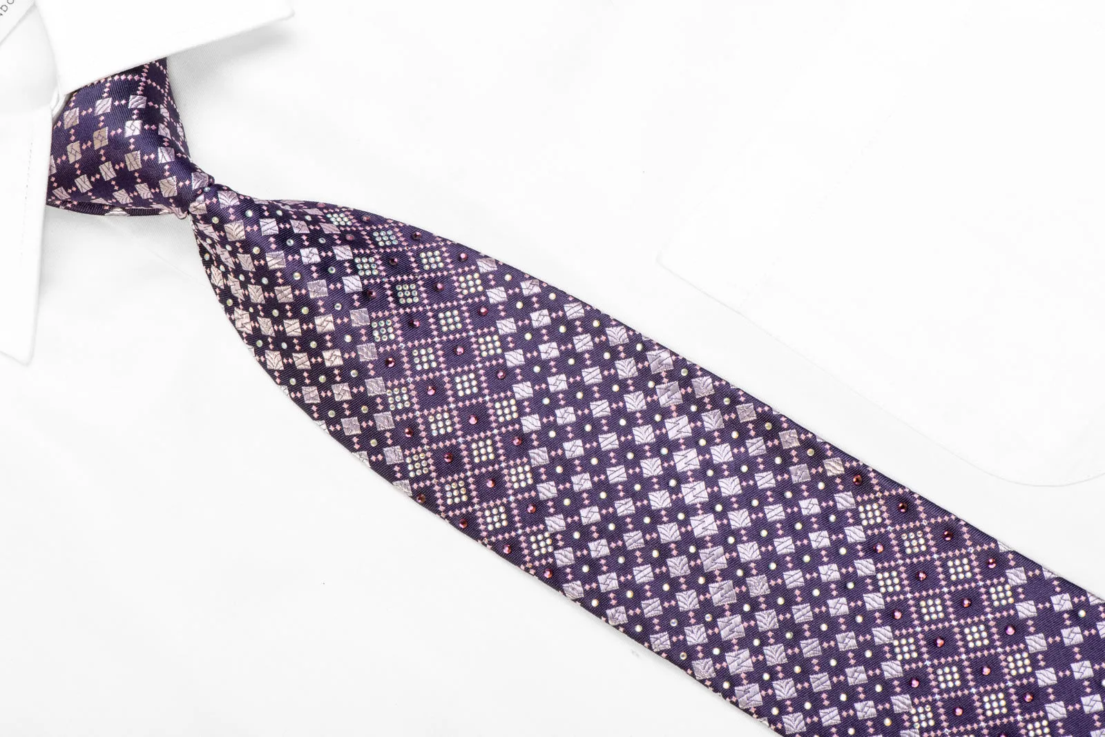 Mauve Pink Geometric On Navy Rhinestone Silk Necktie With Silver Sparkles