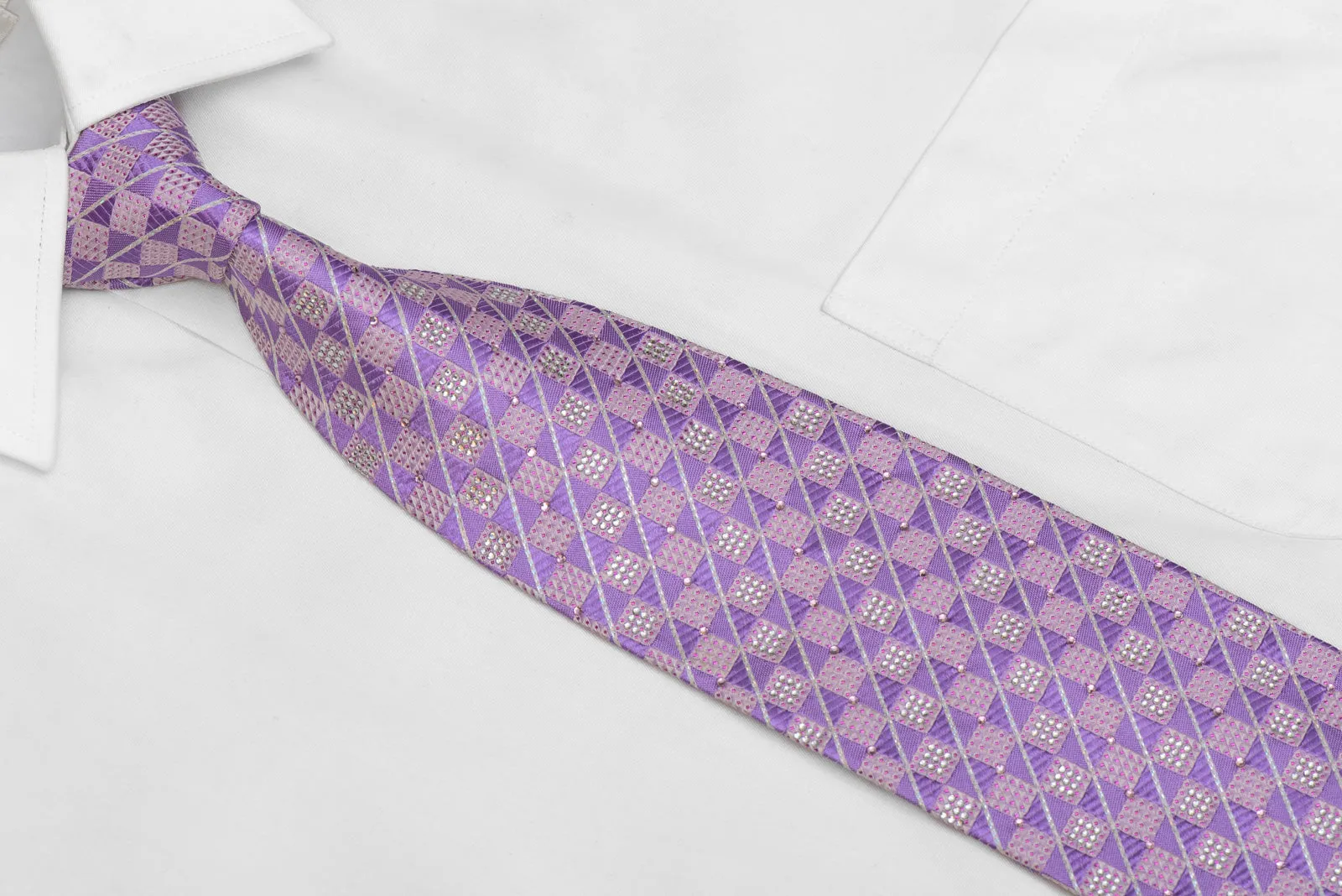 Mauve Silver Checkered Rhinestone Silk Necktie With Silver Sparkles