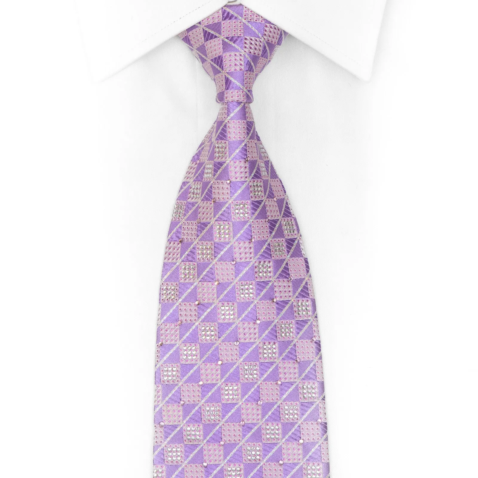 Mauve Silver Checkered Rhinestone Silk Necktie With Silver Sparkles