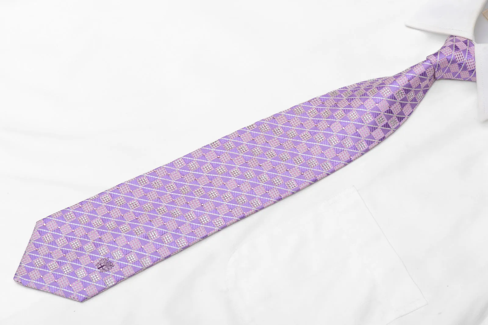 Mauve Silver Checkered Rhinestone Silk Necktie With Silver Sparkles