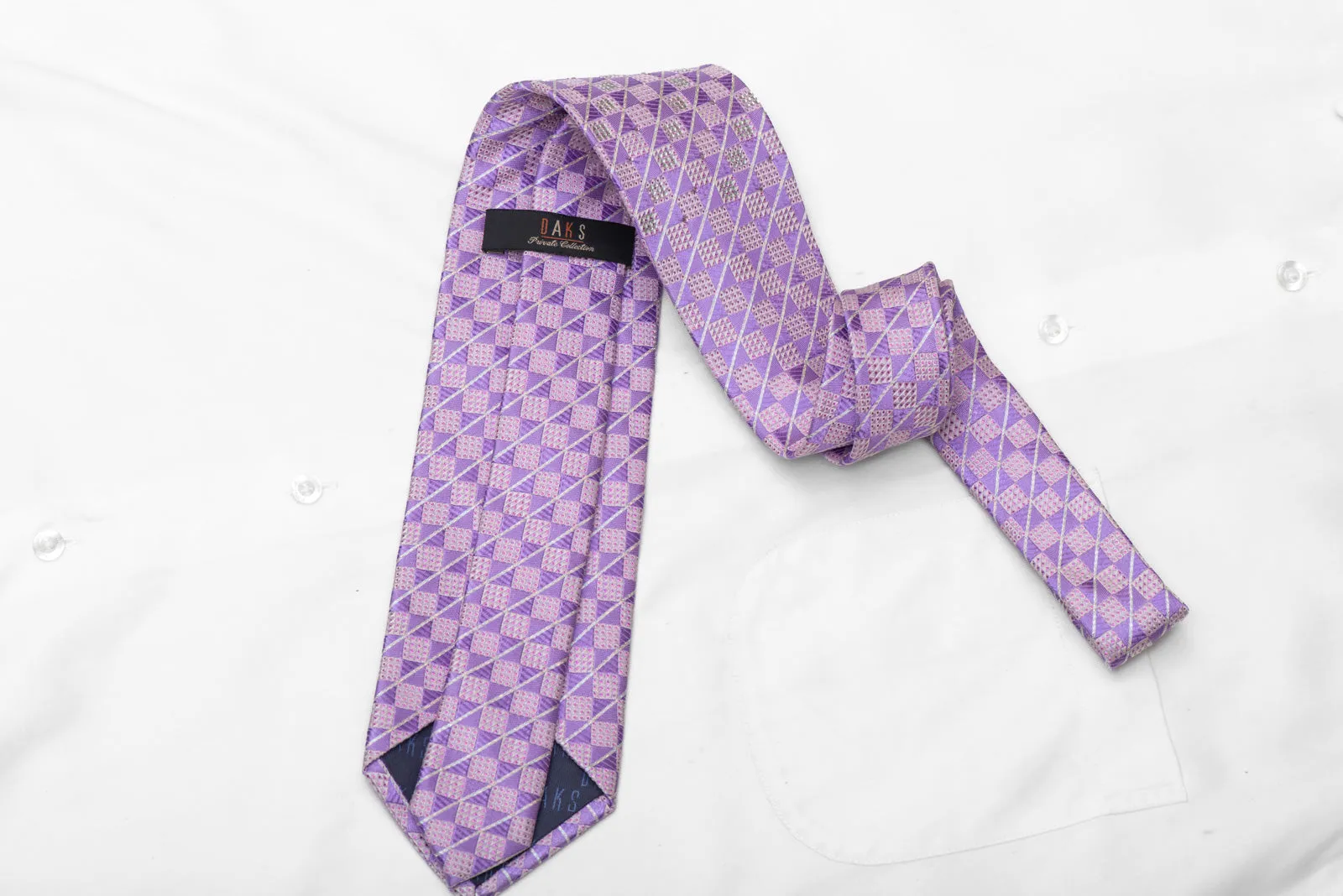 Mauve Silver Checkered Rhinestone Silk Necktie With Silver Sparkles