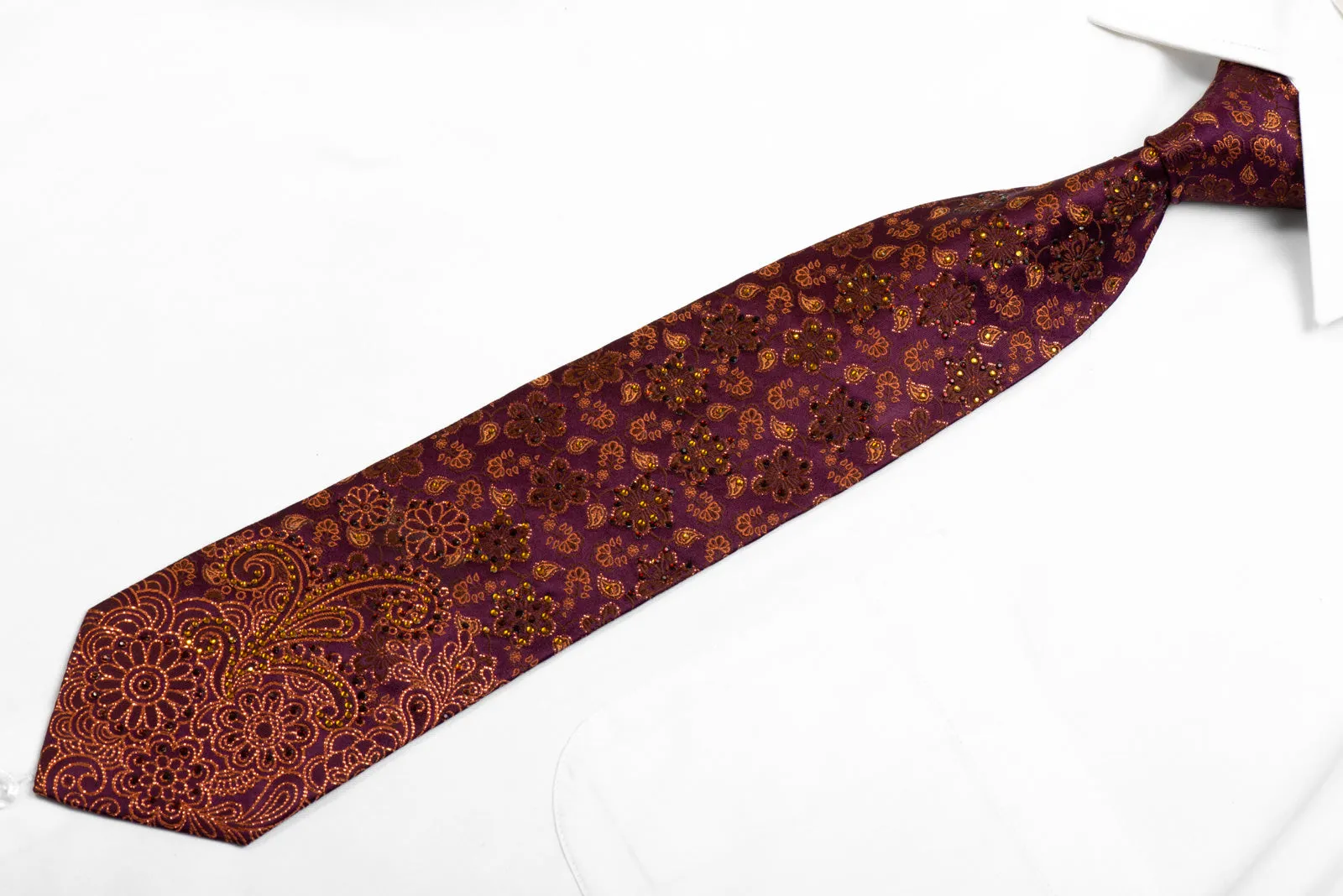 Men's Silk Necktie Orange Paisley Floral On Dark Purple With Sparkles