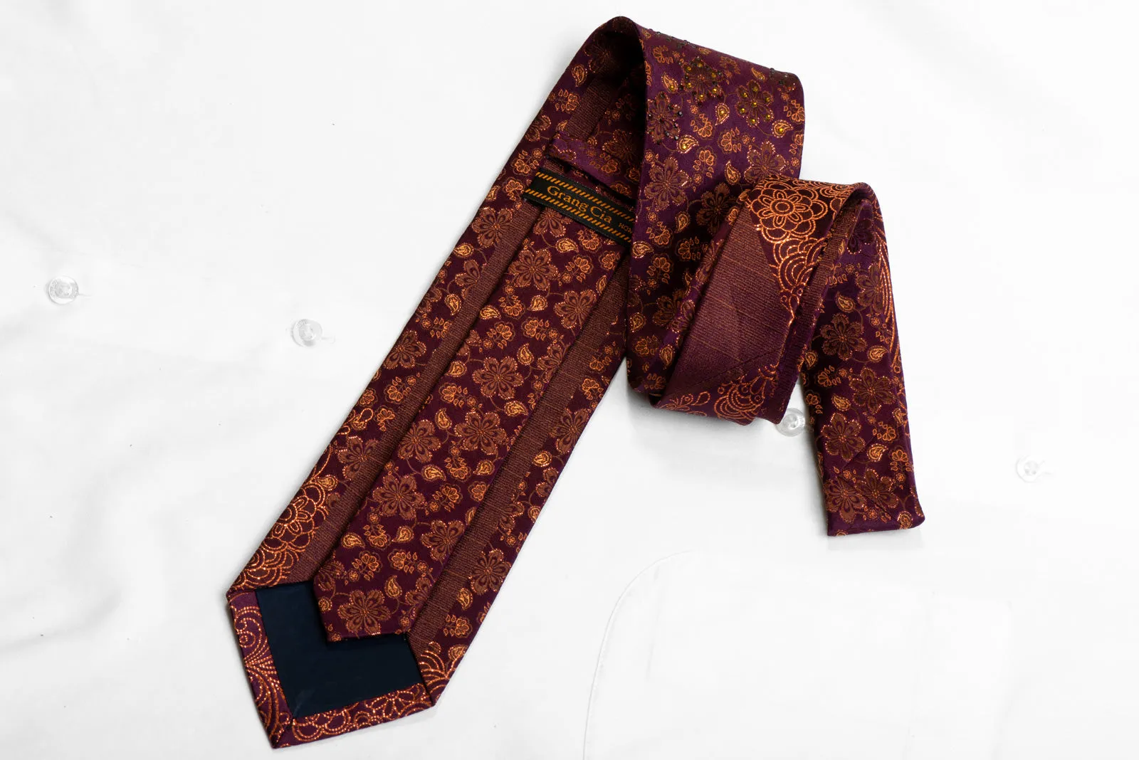 Men's Silk Necktie Orange Paisley Floral On Dark Purple With Sparkles