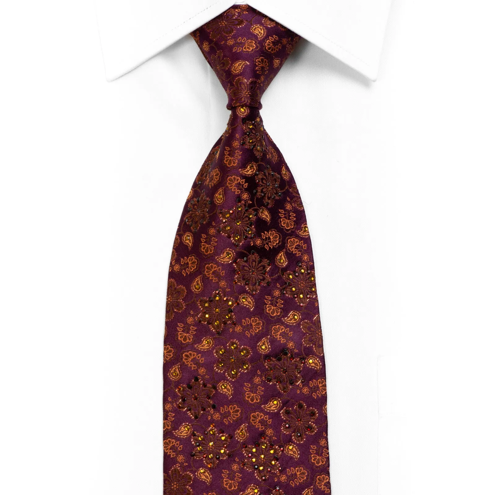 Men's Silk Necktie Orange Paisley Floral On Dark Purple With Sparkles