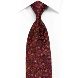 Men's Silk Necktie Orange Paisley Floral On Dark Purple With Sparkles