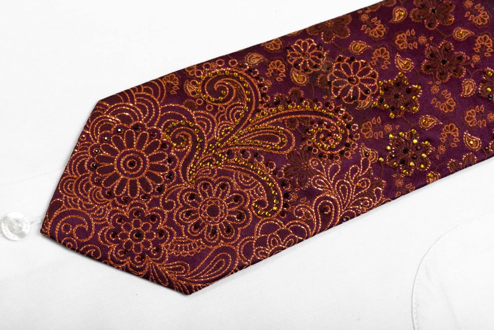 Men's Silk Necktie Orange Paisley Floral On Dark Purple With Sparkles