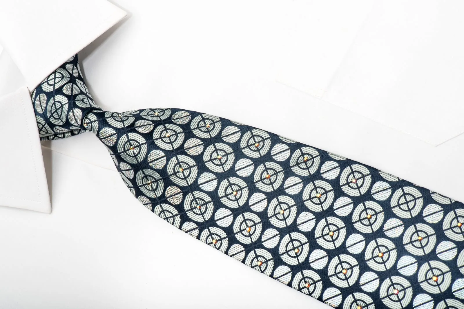 Men's Silk Necktie Silver Geometric Circles On Navy Sparkling With Rhinestones