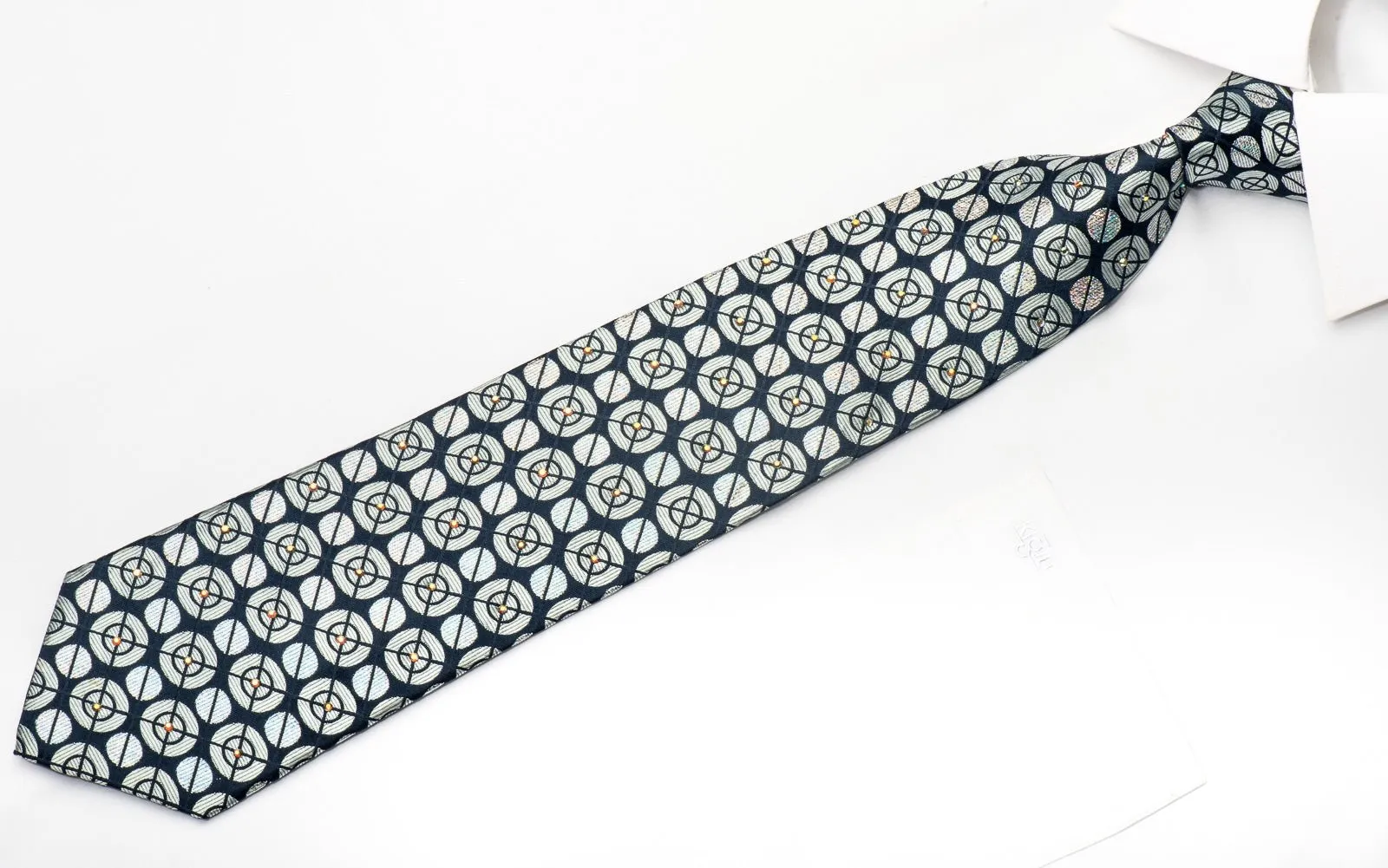 Men's Silk Necktie Silver Geometric Circles On Navy Sparkling With Rhinestones