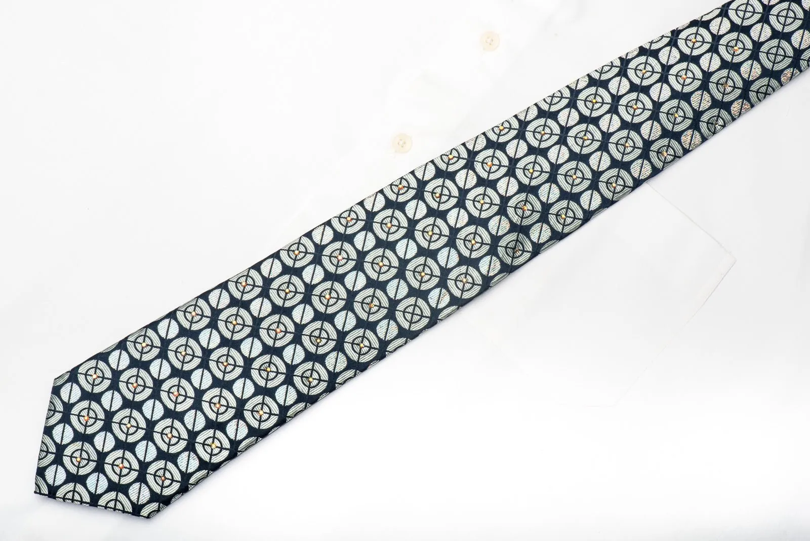 Men's Silk Necktie Silver Geometric Circles On Navy Sparkling With Rhinestones