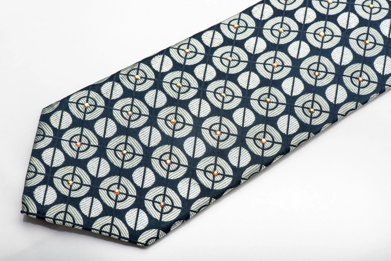 Men's Silk Necktie Silver Geometric Circles On Navy Sparkling With Rhinestones