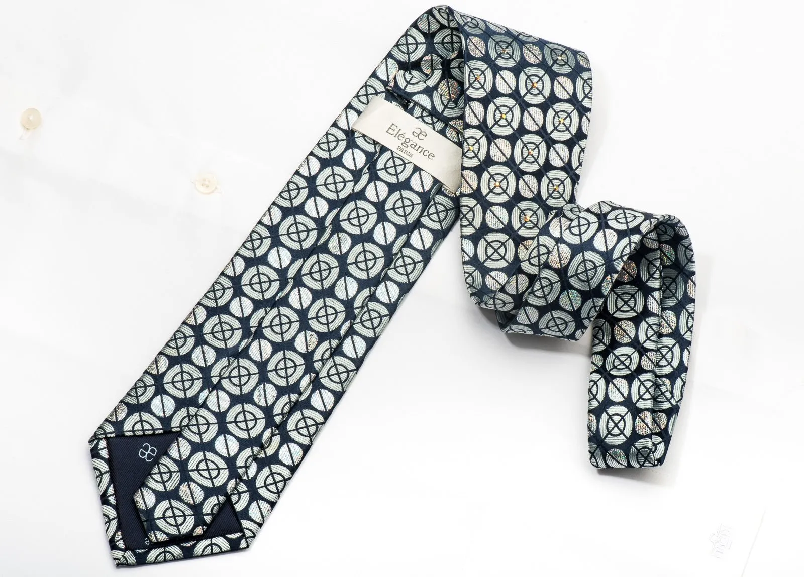 Men's Silk Necktie Silver Geometric Circles On Navy Sparkling With Rhinestones