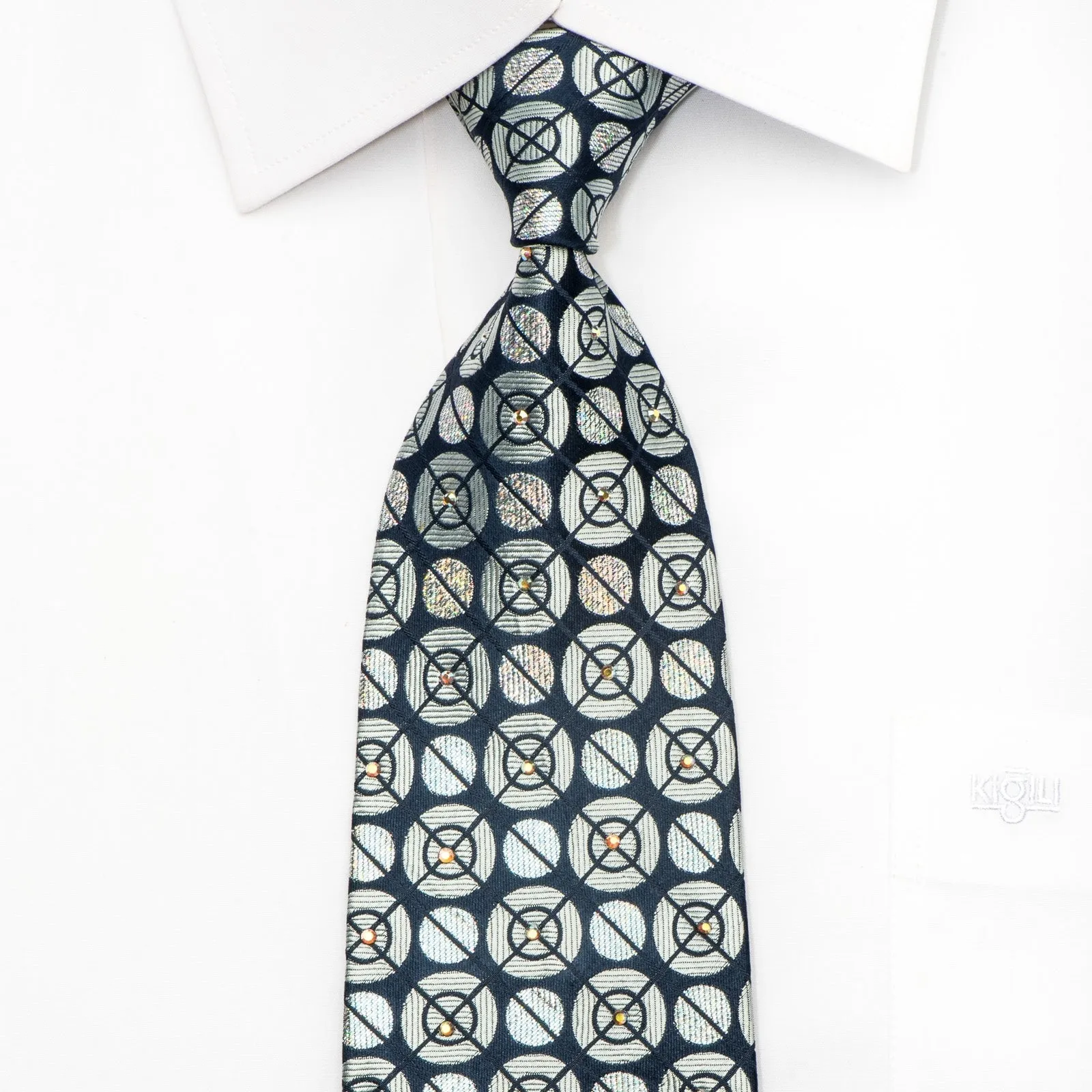 Men's Silk Necktie Silver Geometric Circles On Navy Sparkling With Rhinestones