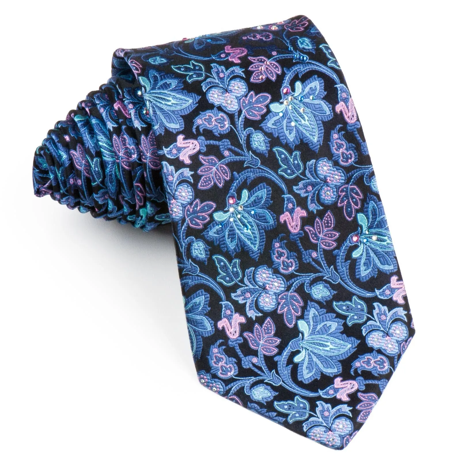 Men's Silk Tie By Perry Ellis Floral Design On Navy Black With Rhinestones