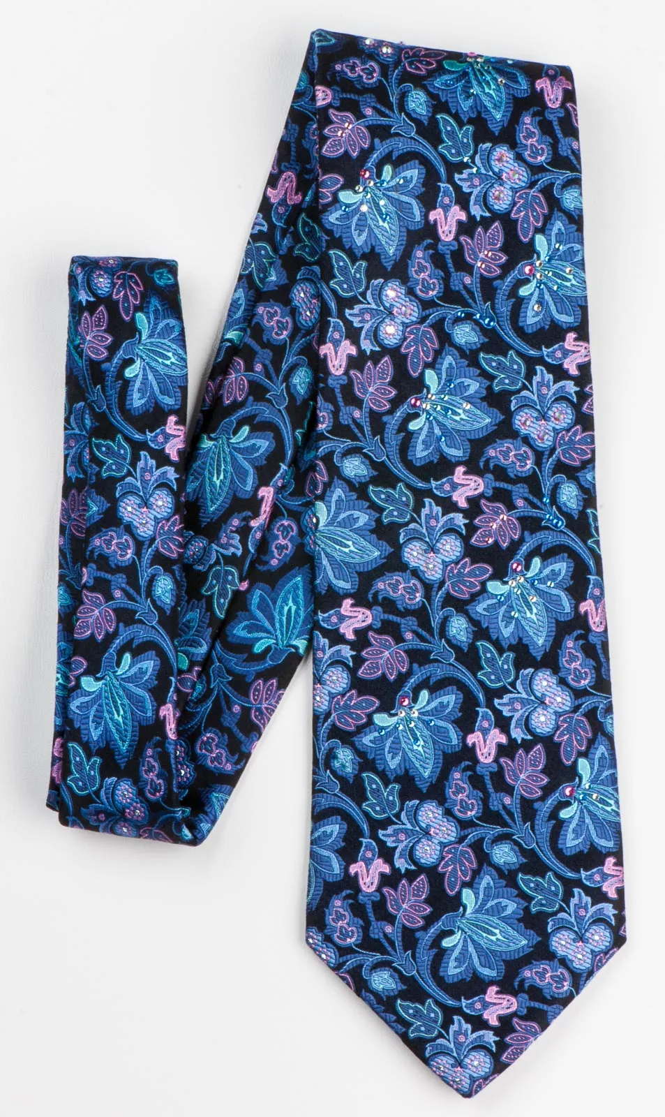 Men's Silk Tie By Perry Ellis Floral Design On Navy Black With Rhinestones