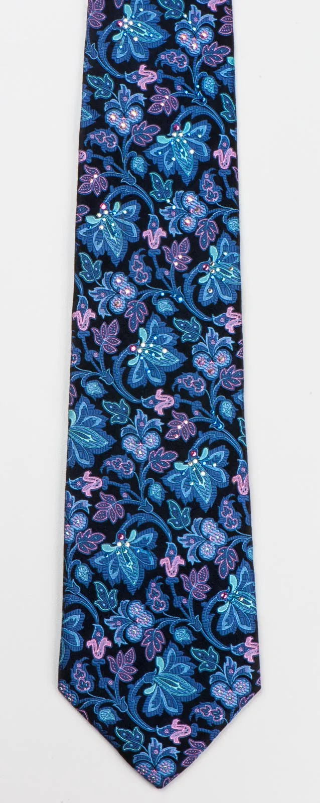 Men's Silk Tie By Perry Ellis Floral Design On Navy Black With Rhinestones