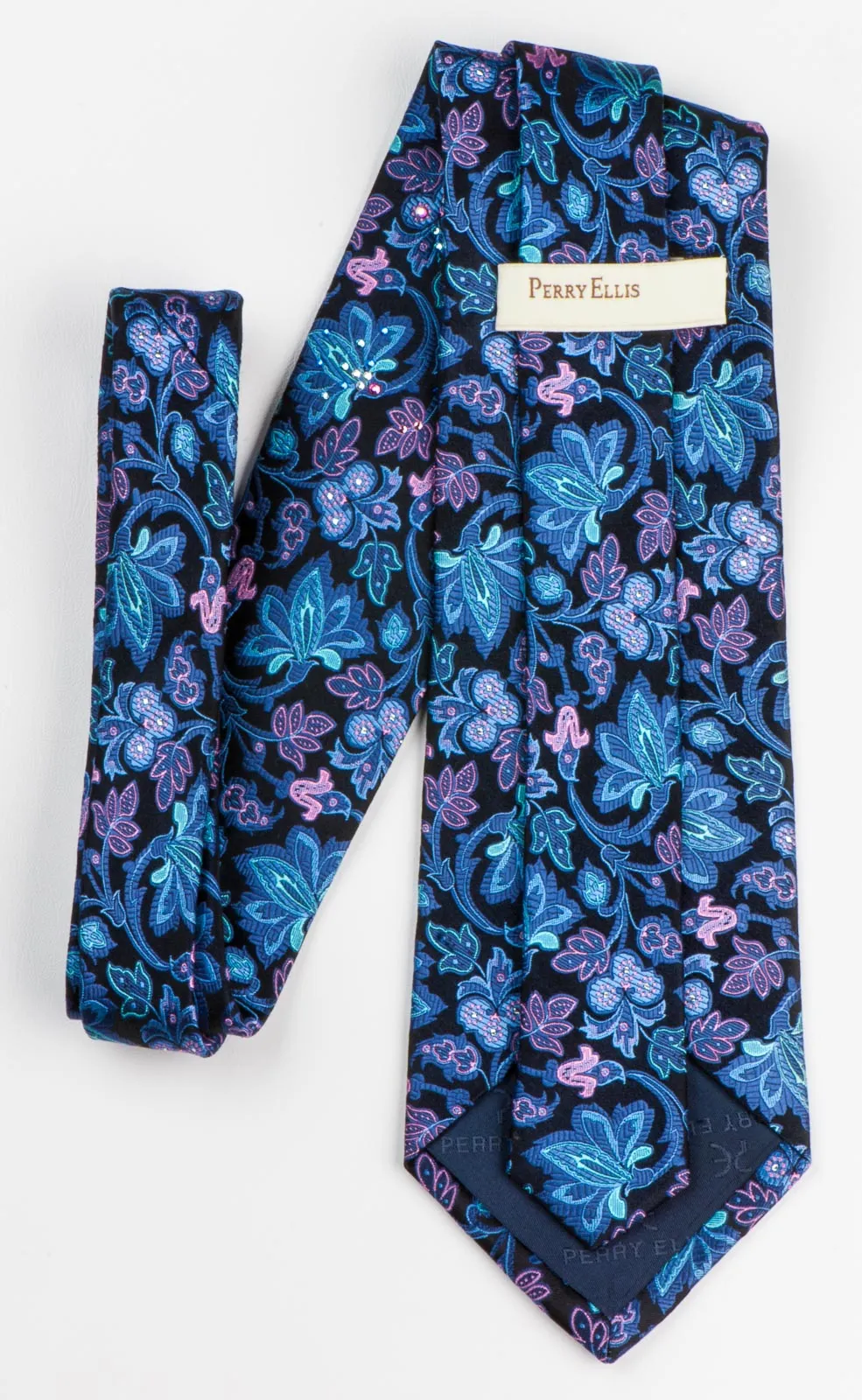 Men's Silk Tie By Perry Ellis Floral Design On Navy Black With Rhinestones