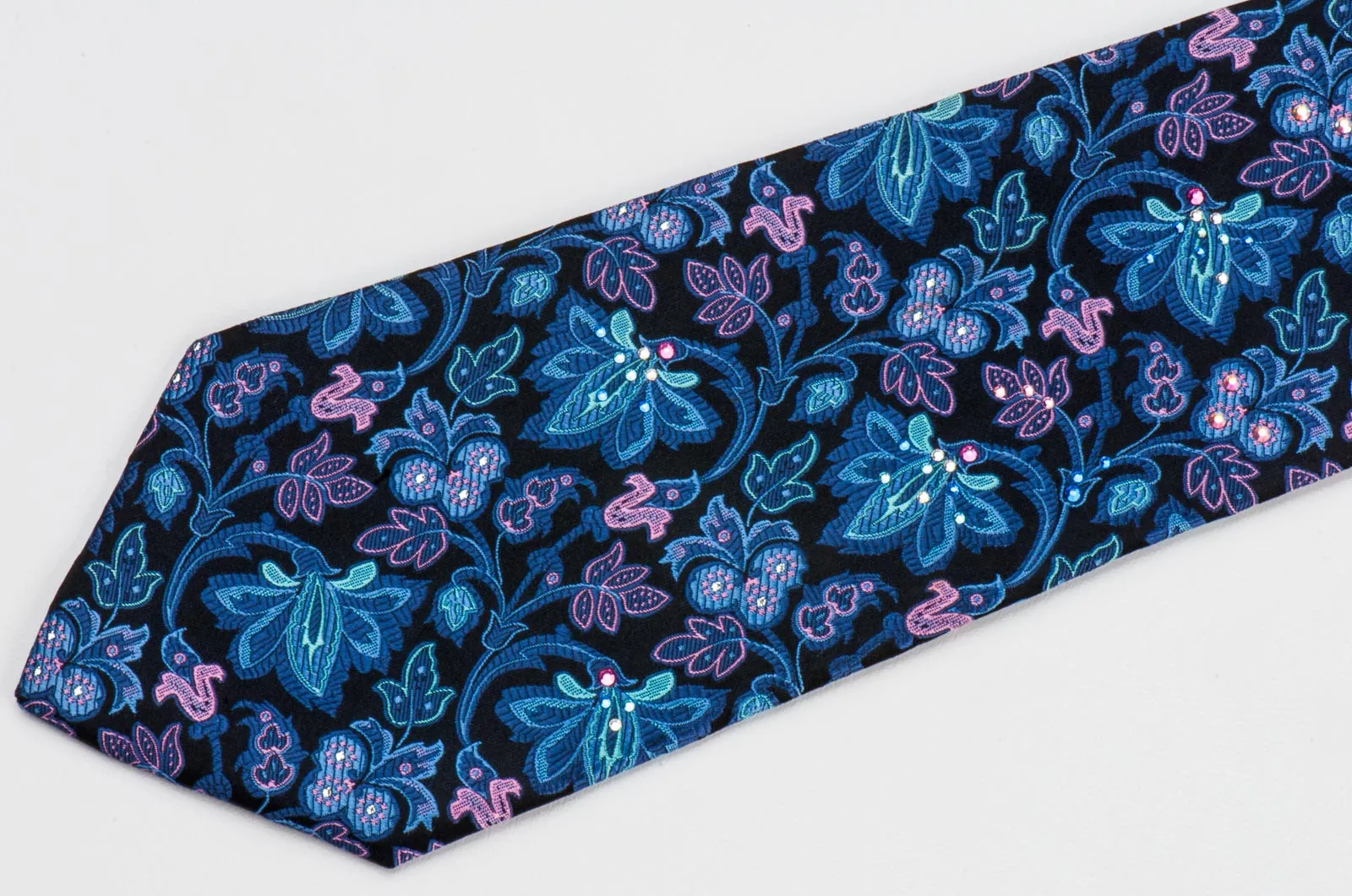 Men's Silk Tie By Perry Ellis Floral Design On Navy Black With Rhinestones