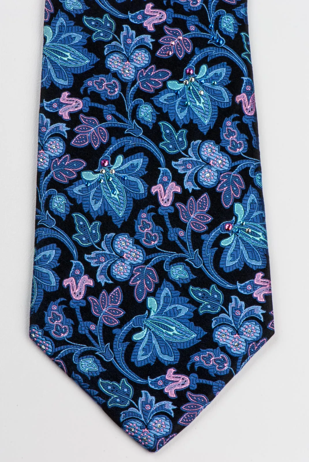 Men's Silk Tie By Perry Ellis Floral Design On Navy Black With Rhinestones