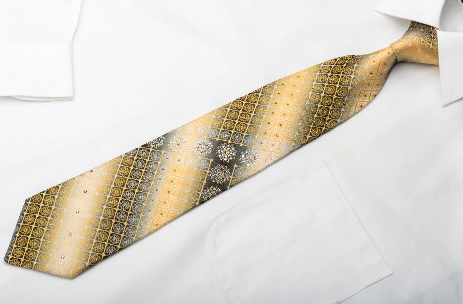 Men's Silk Tie Yellow Cartouche On Silver Sparkling With Rhinestones