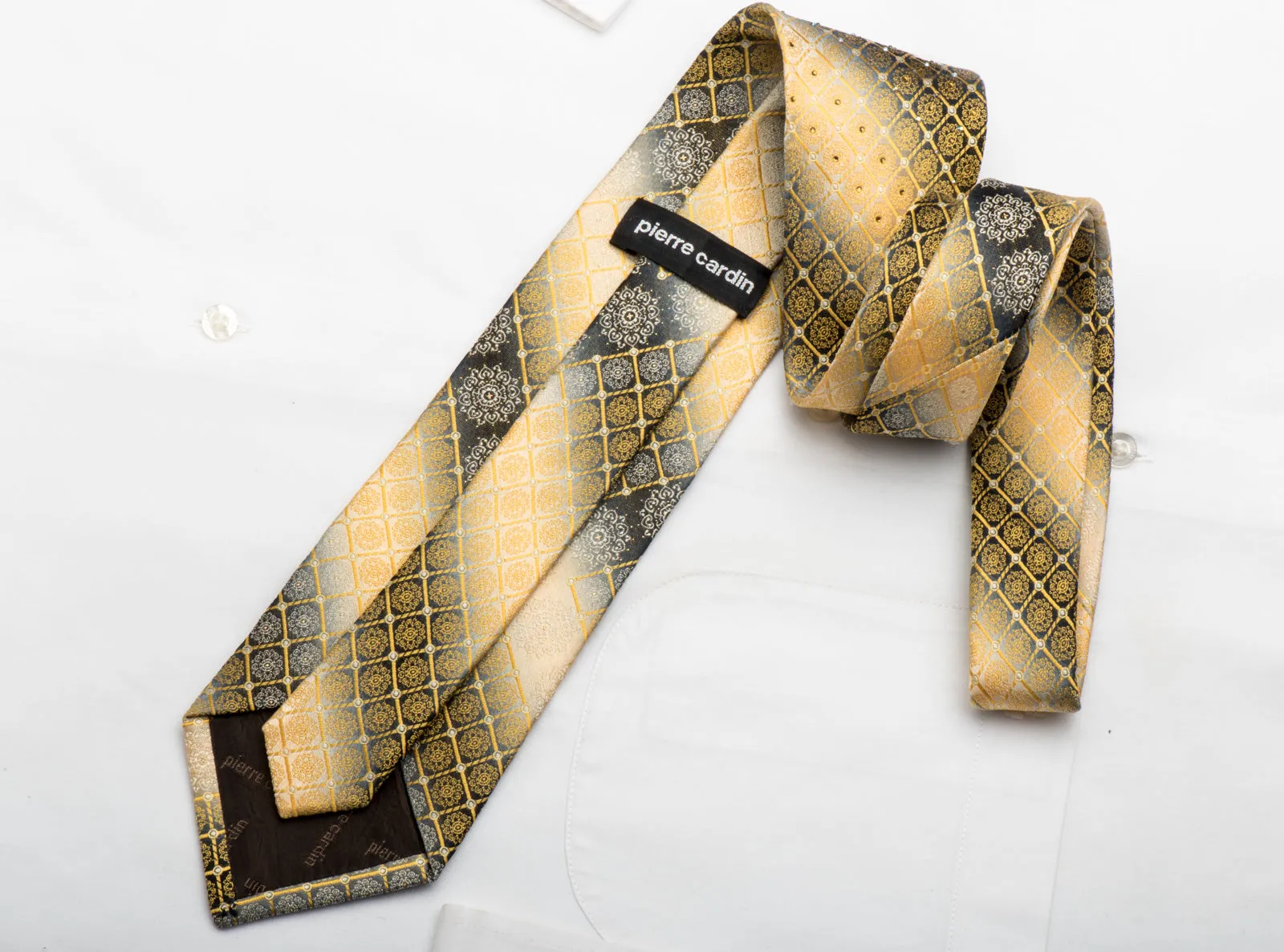 Men's Silk Tie Yellow Cartouche On Silver Sparkling With Rhinestones