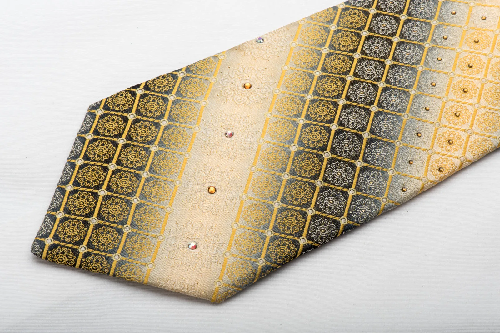 Men's Silk Tie Yellow Cartouche On Silver Sparkling With Rhinestones