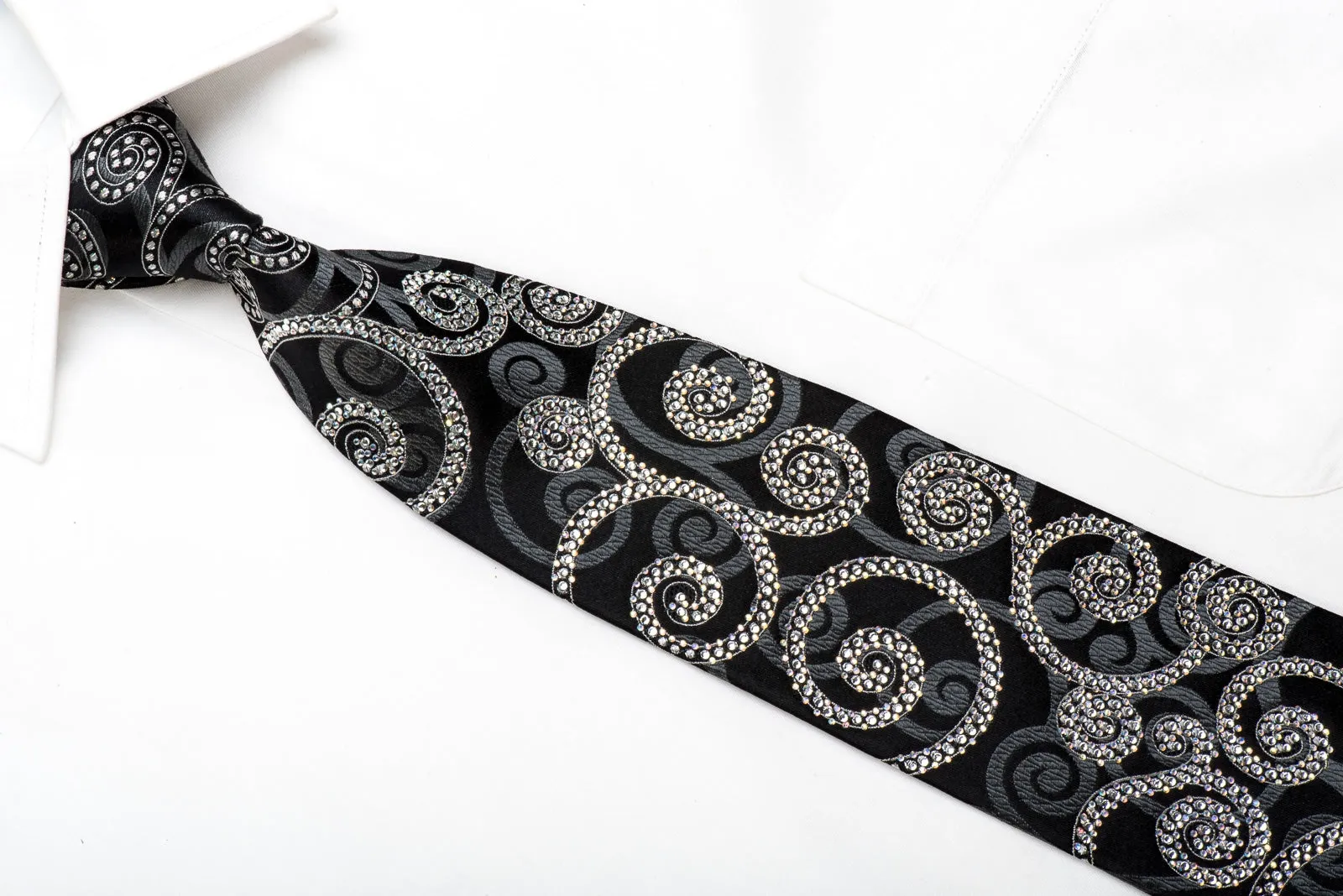 Metro City Men's Crystal Rhinestone Silk Necktie Scrolls On Black