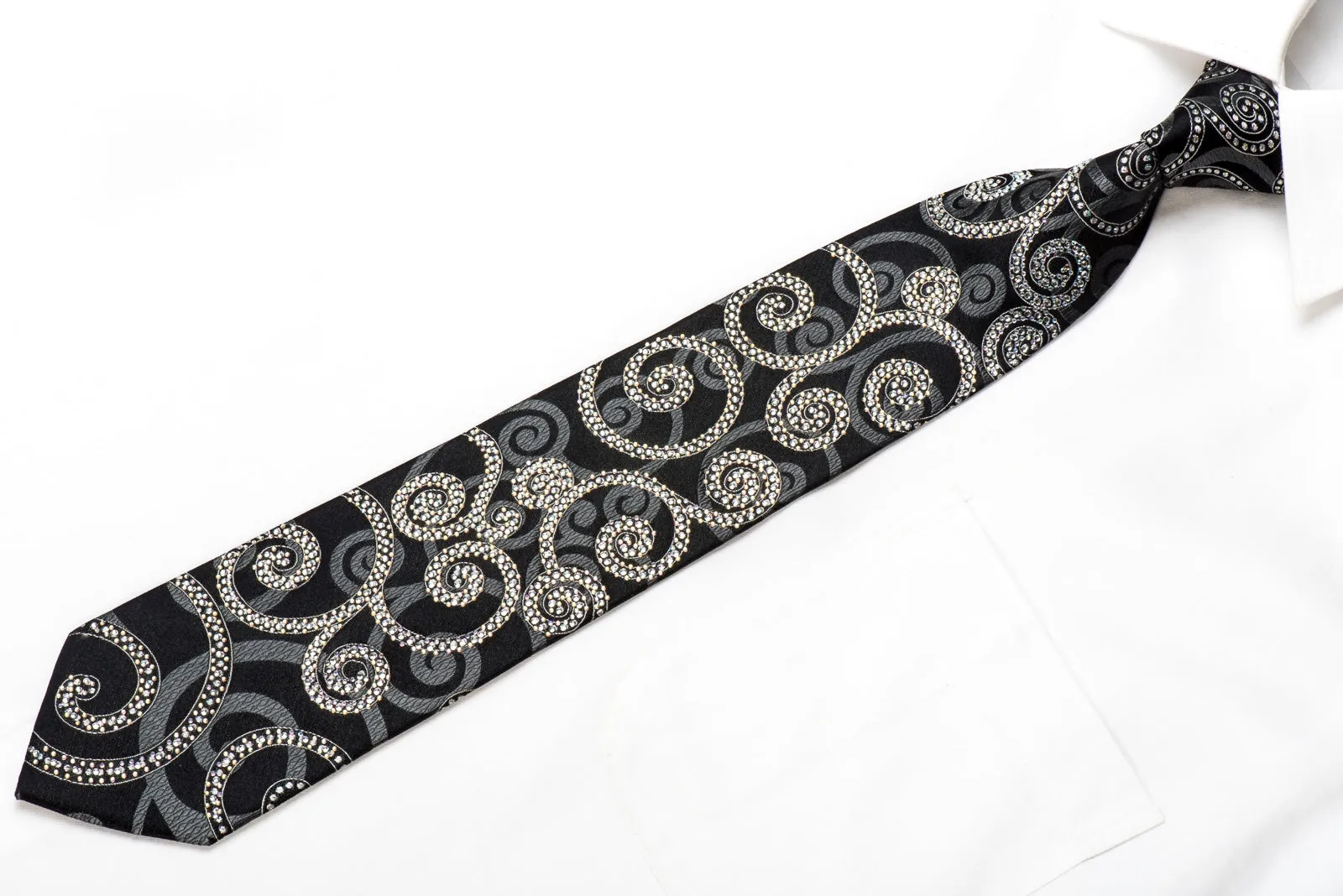 Metro City Men's Crystal Rhinestone Silk Necktie Scrolls On Black