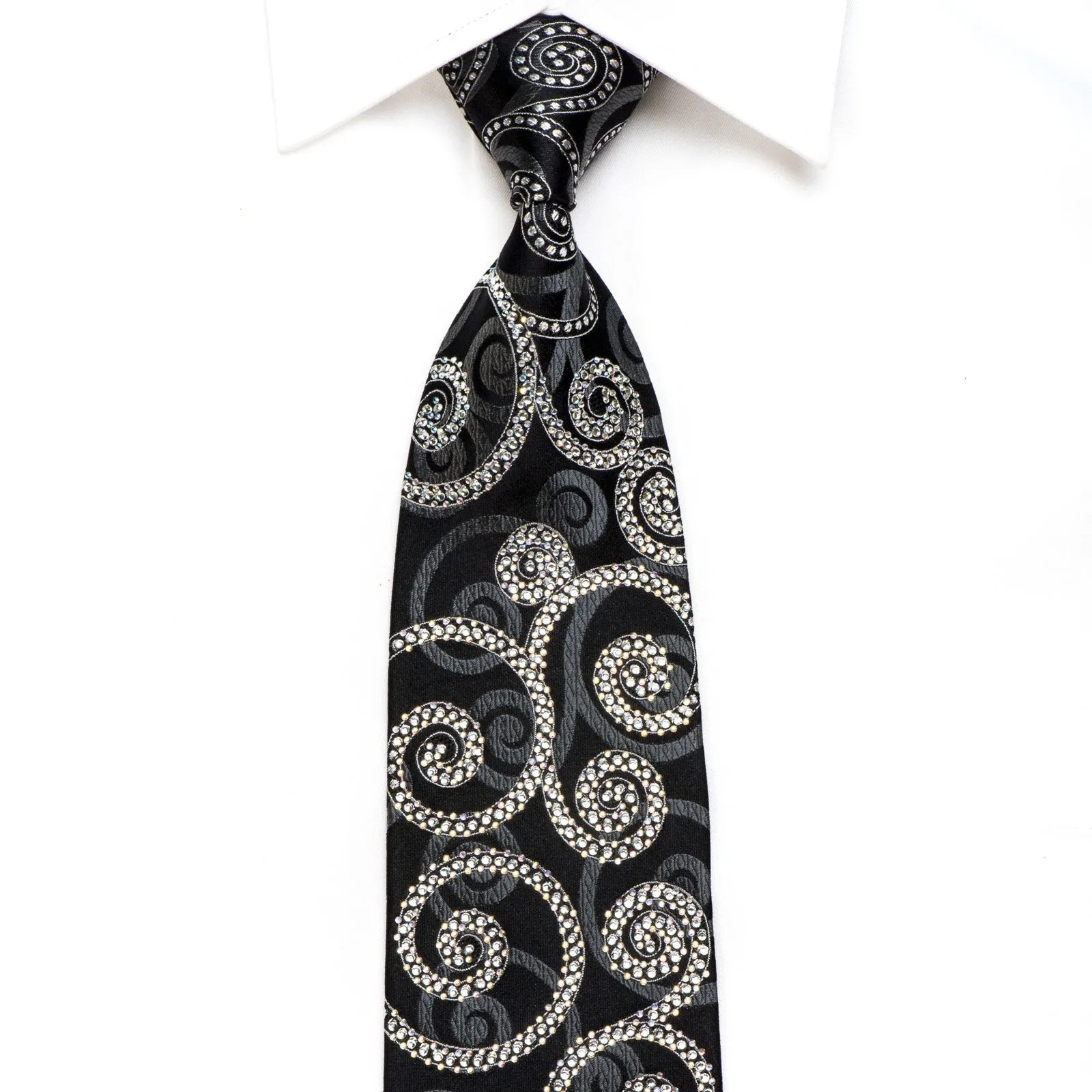 Metro City Men's Crystal Rhinestone Silk Necktie Scrolls On Black