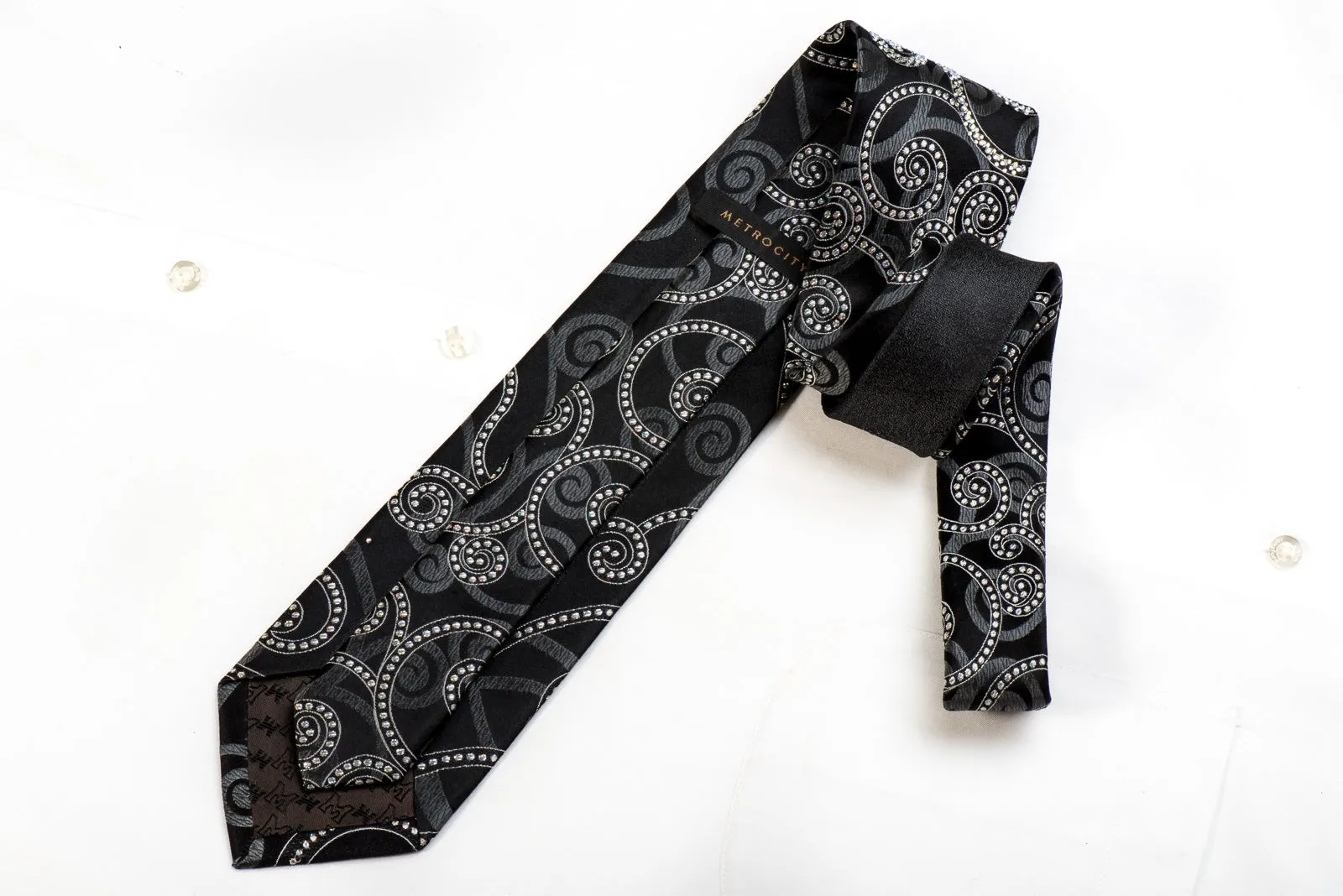 Metro City Men's Crystal Rhinestone Silk Necktie Scrolls On Black