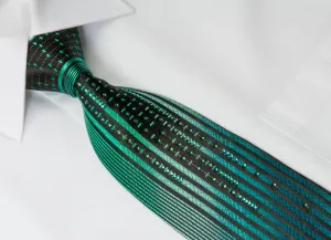 Metro City Men's Woven Silk Rhinestone Neck Tie Green Vertical Stripes On Black With Sparkles