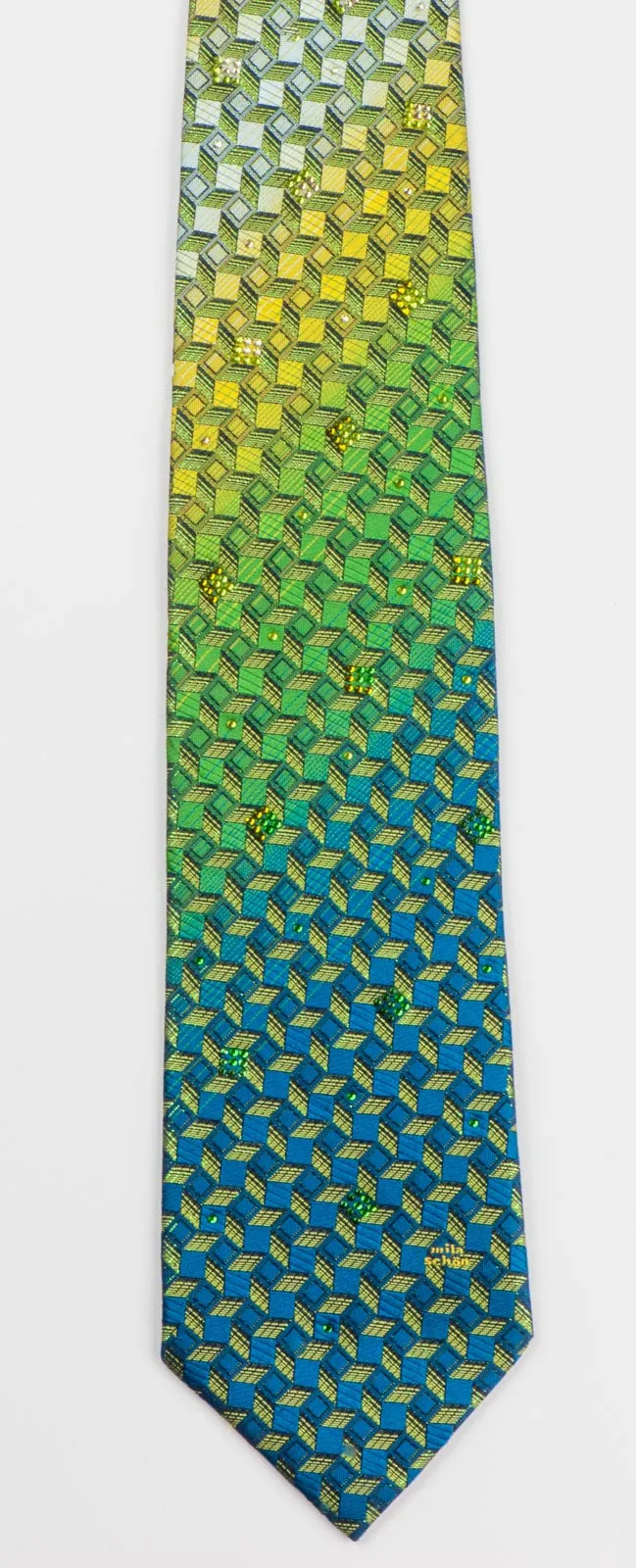 Mila Schon Men's Rhinestone Silk Neck Tie Turquoise Green Geometric With Green Sparkles