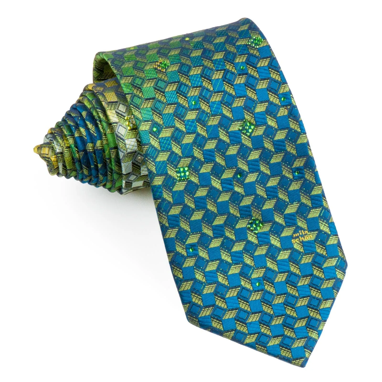 Mila Schon Men's Rhinestone Silk Neck Tie Turquoise Green Geometric With Green Sparkles