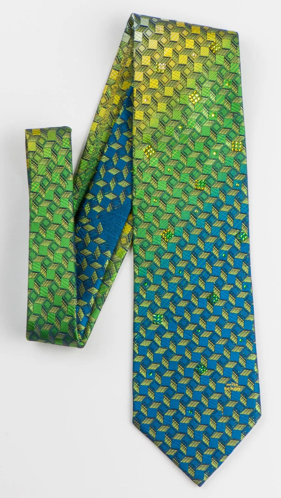 Mila Schon Men's Rhinestone Silk Neck Tie Turquoise Green Geometric With Green Sparkles