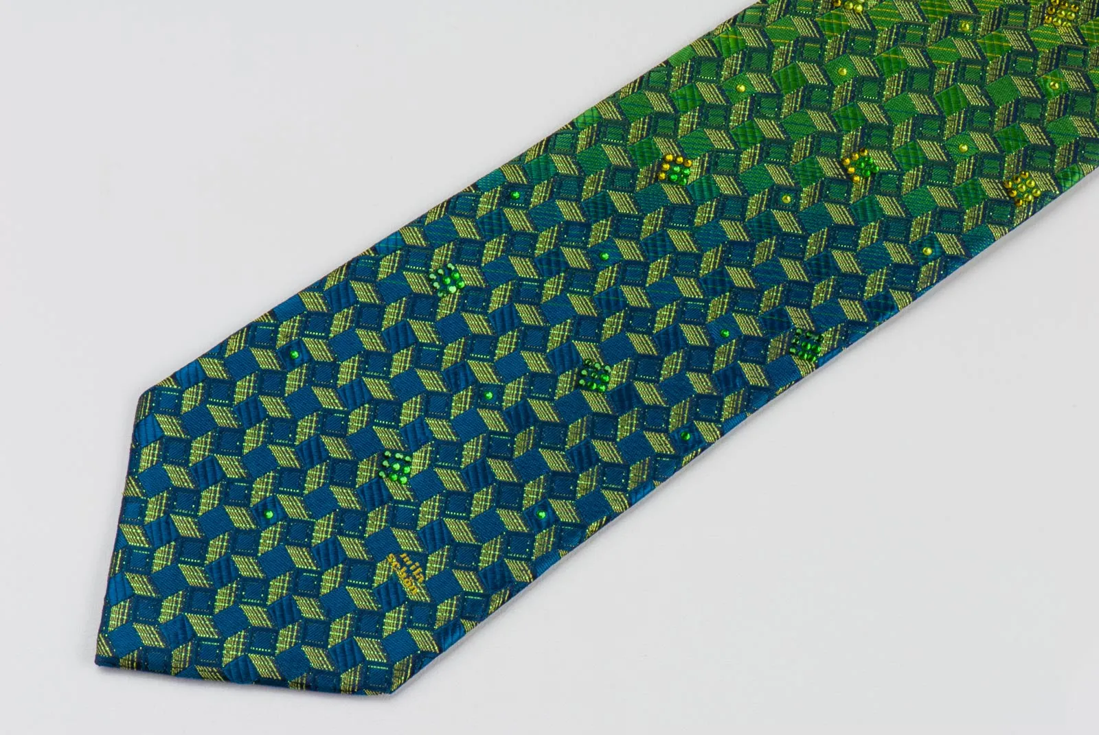 Mila Schon Men's Rhinestone Silk Neck Tie Turquoise Green Geometric With Green Sparkles