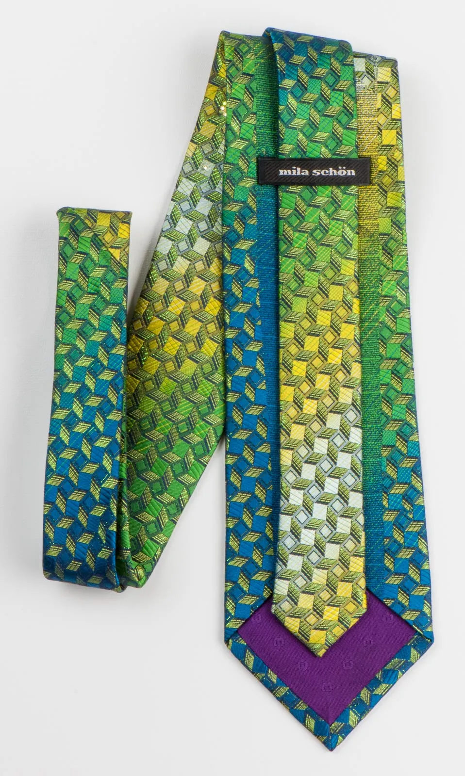 Mila Schon Men's Rhinestone Silk Neck Tie Turquoise Green Geometric With Green Sparkles