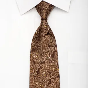 Mila Schon Men's Silk Necktie Paisley On Brown Sparkling With Rhinestones